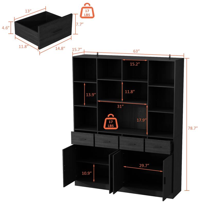 Black Freestanding Kitchen Pantry, Buffet Cabinet with Shelves & Doors - 78.7"H x 63"W
