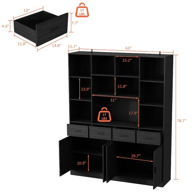 Wood Large Bookshelf Furniture for Bedroom Home Office Living Room - 78.7"H x 63"W