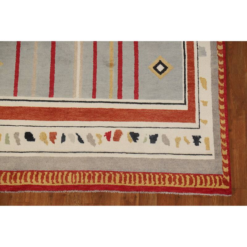 Hand Knotted Oriental 100% Wool Carpet Modern Geometric Greys & Charcoal Gabbeh Area Rug - 10' 0'' X 4' 11''