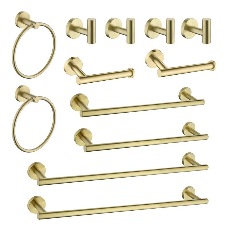 12-PCS Stainless Steel Bathroom Accessories Set Wall Mounted,Round Shape - Brushed Gold