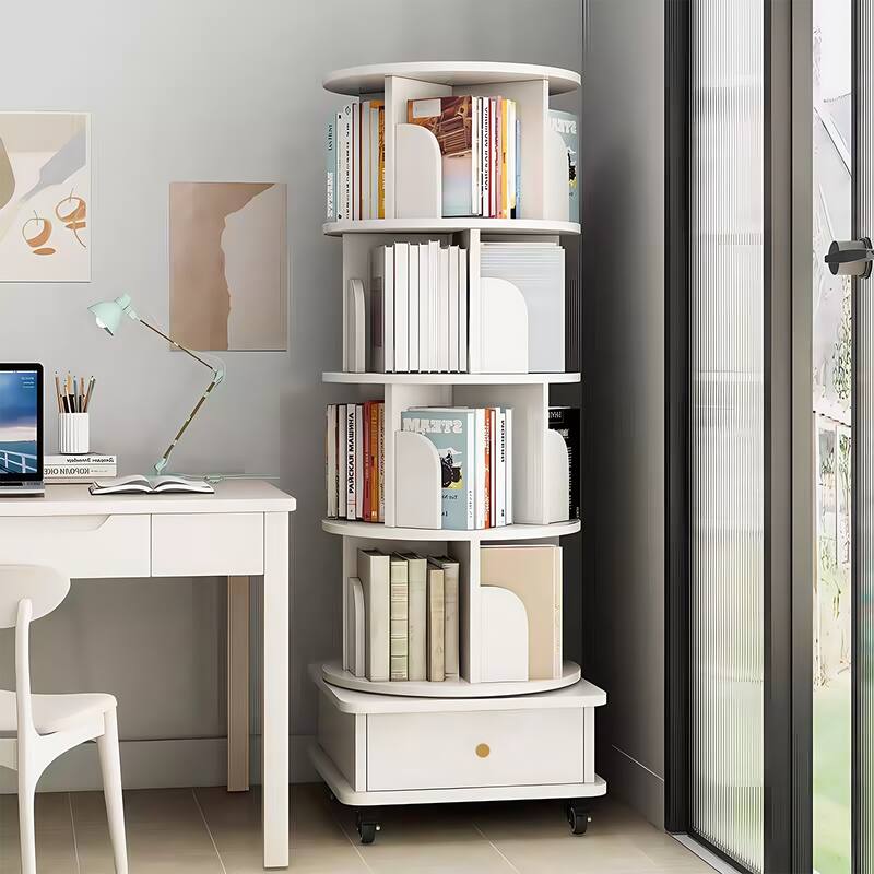 GDF Studio - Purling Modern 5-Tier Wood 360-Degree Rotating Bookshelf with Drawer Storage