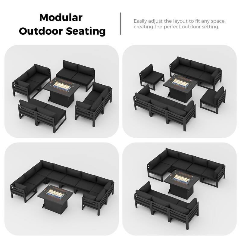 9-Piece Aluminum Outdoor Furniture Set With Fire Pit Table Propane/Natural Gas 60,000 BTU, Extra Large Aluminum Patio Sectional