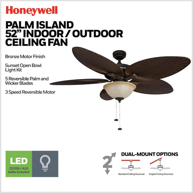52" Honeywell Palm Island Bronze Indoor/Outdoor Ceiling Fan with Light, Pull Chain, 5 Palm Leaf Blades