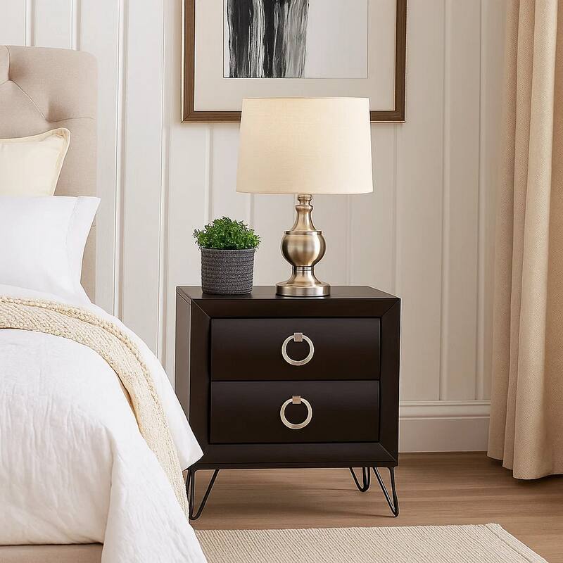 2 Drawer Wooden Nightstand with Metal Ring Handles and Harpin Legs, Brown