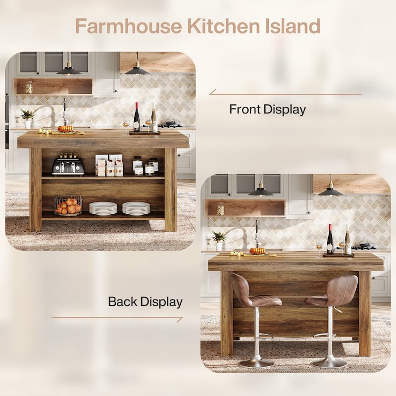 55" Kitchen Island with Storage, Farmhouse Counter Height Bar Table