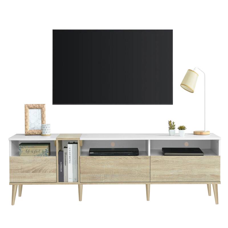 Modern TV Stand Media Console, for TVs up to 80" with 3 Drawers and Open Shelves, for Living Room, White