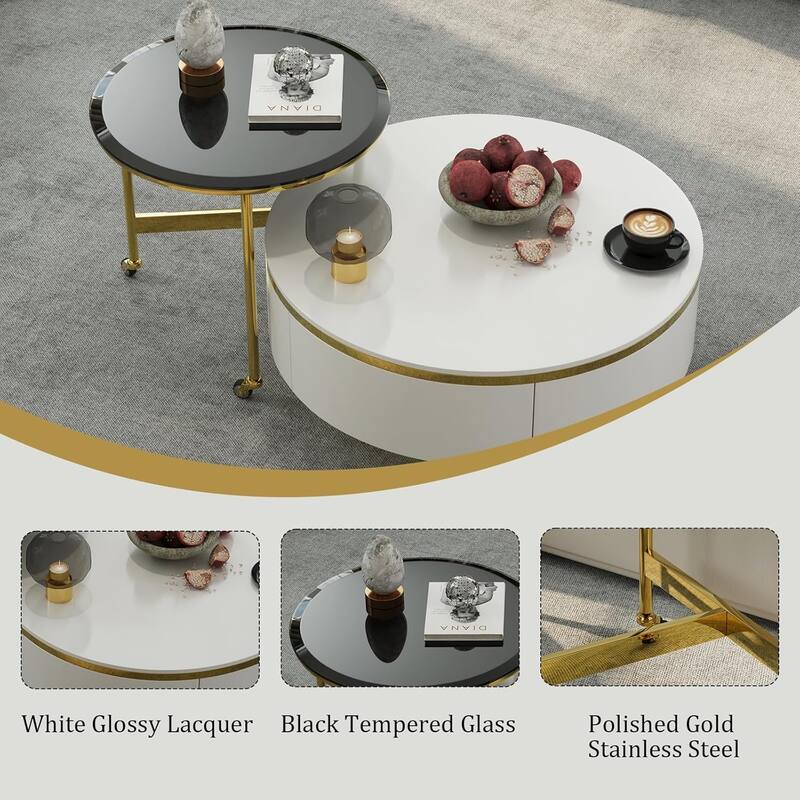 Nesting Coffee Table Set with End Table Round Coffee Table with 2 Storage Drawers