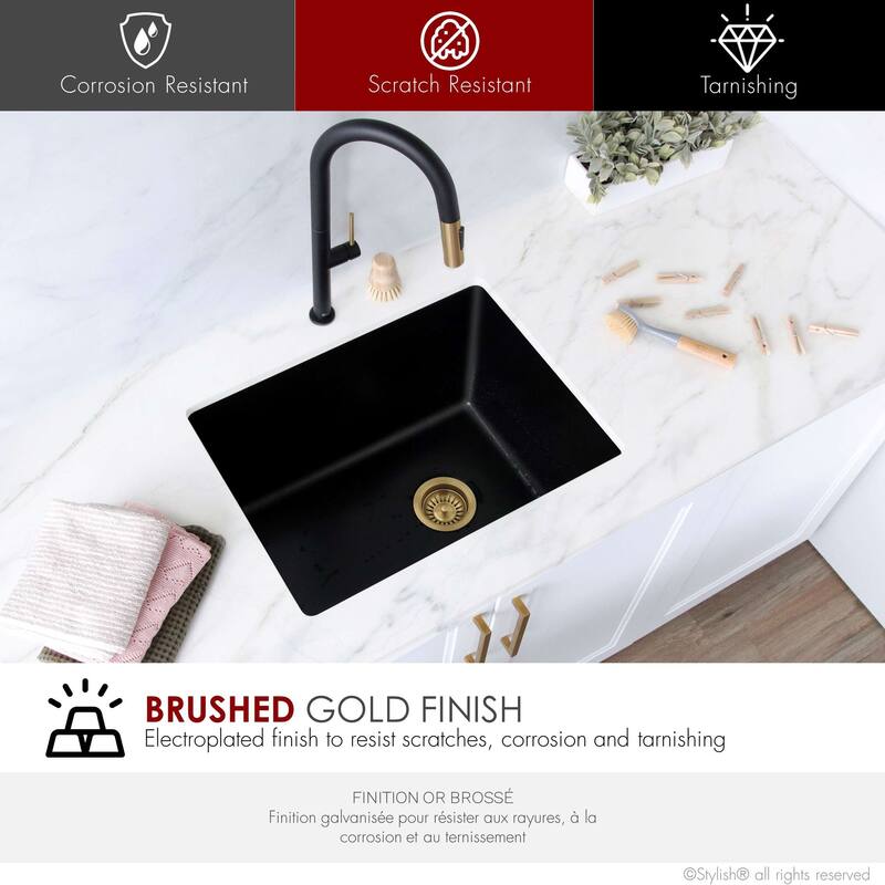 STYLISH 3.5 Inch Kitchen Sink Deep Strainer with Removable Basket in Brushed Gold - Drain Opening: Fits Standard 3.5"