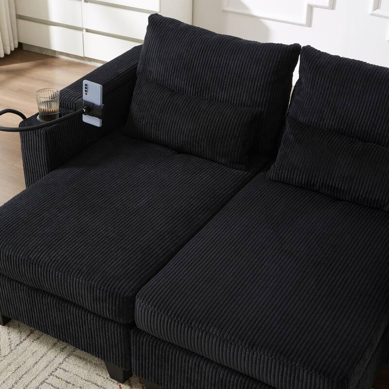Convertible Sleeper Sofa Chaise Lounge with Movable Backrest, Corduroy Reading Chair with USB Ports, Cup Holders & Phone Holder