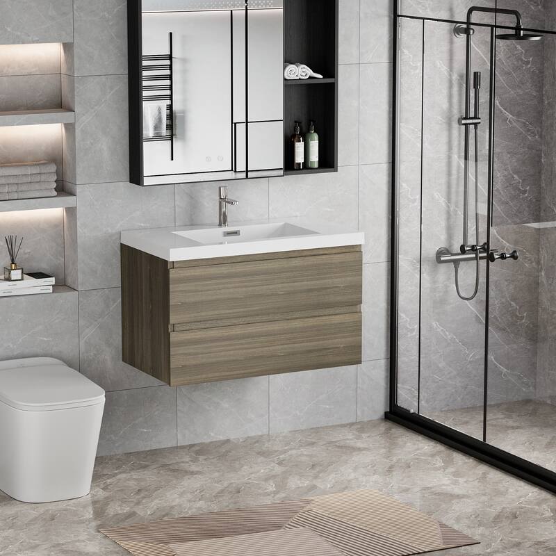 35.5-Inch Floating Bathroom Vanity with Glossy Resin Sink, Ash Grey Color, Wall-Mounted Design, 2 Drawers