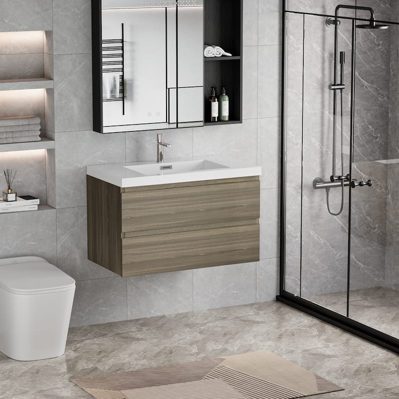 36"Bathroom Vanity with Sink,Modern Wall-Mounted Bathroom Storage Vanity Cabinet with Resin Top Basin and Soft Close Drawers