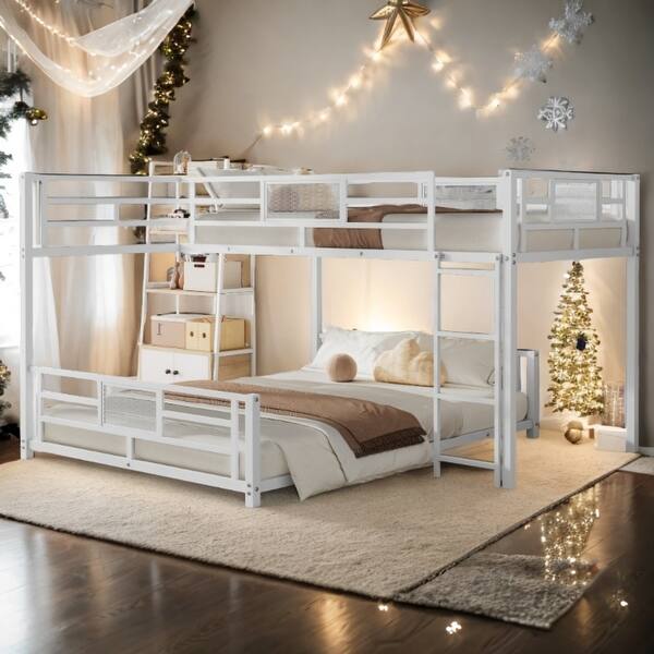 slide 2 of 28, Twin over Full Metal Frame Twin & Full Size Platform Beds for 2(with Weight Capacity 250lbs/350lbs) White