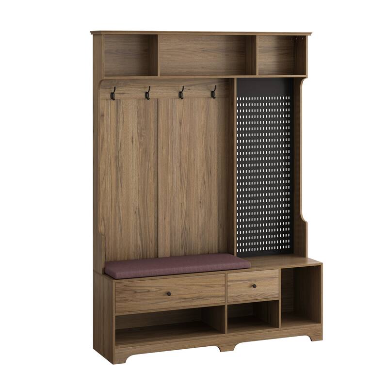 Hallway Hall Tree with Removable Linen Cushioned Entryway Bench, Coat Rack, Storage Shelves, and DIY Pegboard