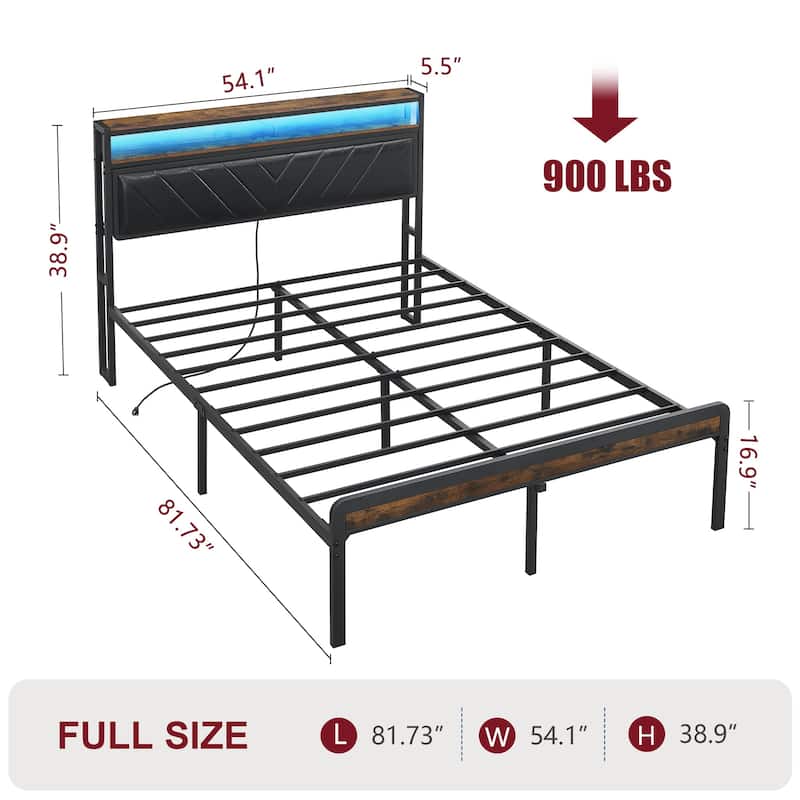Antique Brown Platform Bed Metal Bed Frame with LED Lighted Upholstered Headboard/Adjustable Backrest/Built-in Charging Station