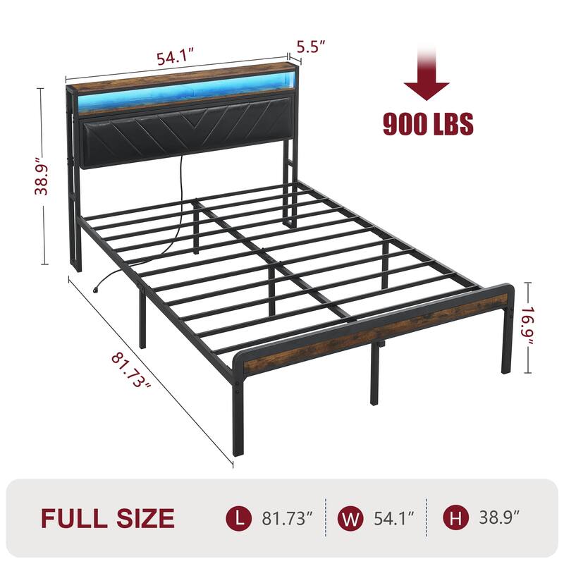 Full Size Metal Platform Bed with Adjustable Upholstered Headboard, LED Lights, and Charging Station