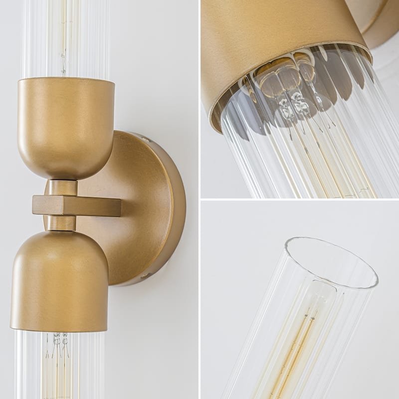Modern 2-Light Wall Sconce with Ribbed Glass Tube Shades - Brass - 5" W x 4.6" D x 23.4" H