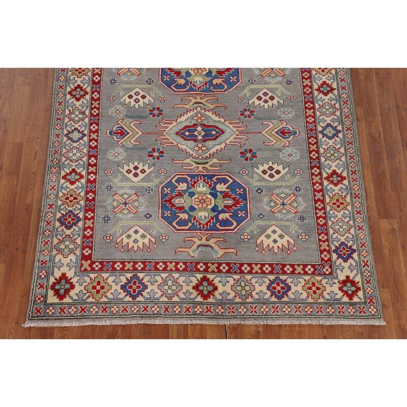 Gray Geometric Kazak Area Rug Hand-Knotted Wool Carpet - 5'2" x 6'7"