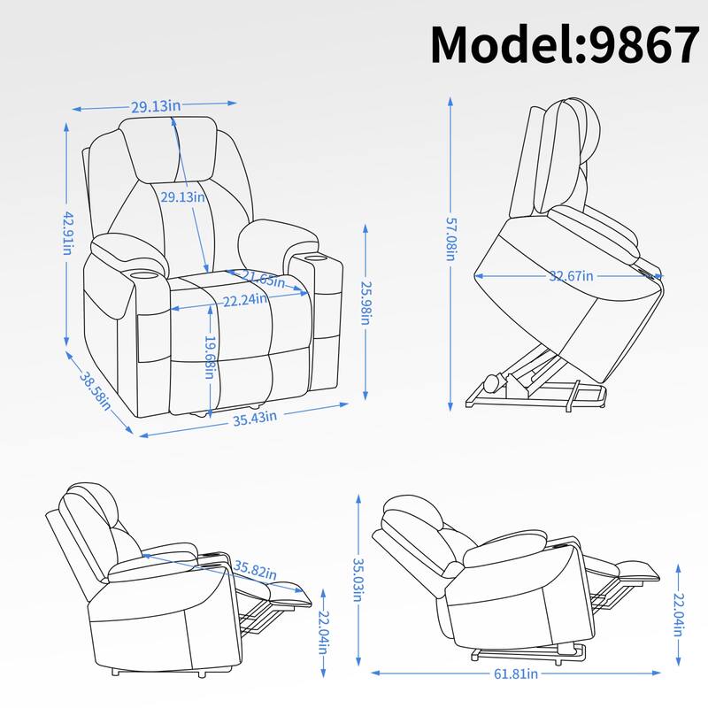 Roomfitters Power Lift Recliner Chair with Heat Massage USB C Charging Ports Heavy Duty Fabric Sofa with Cup Holders, Blue