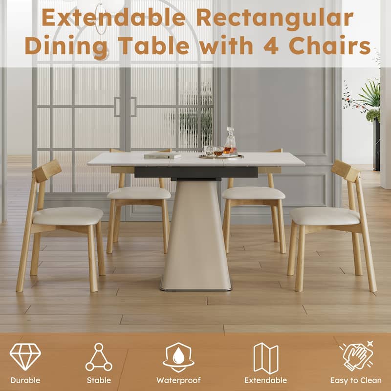 Retractable Rock Slab Dining Table Set, Modern 5-Piece Expandable Table with 4 Wooden Leg Chairs & Leather-Wrapped Base