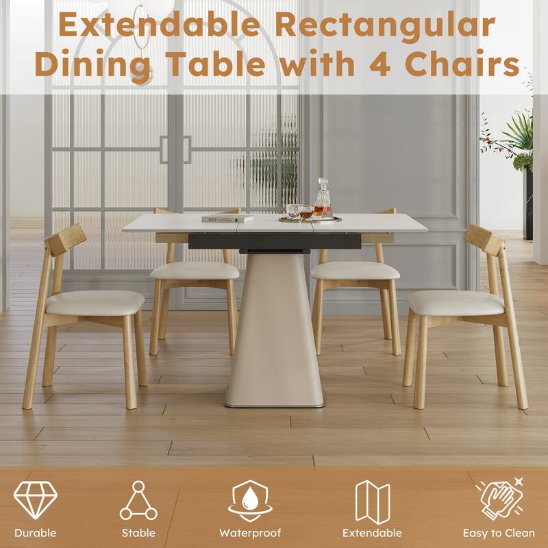 Roomfitters Retractable Rock Slab Dining Table Set, Modern Expandable Square Table with 6 Chairs, White