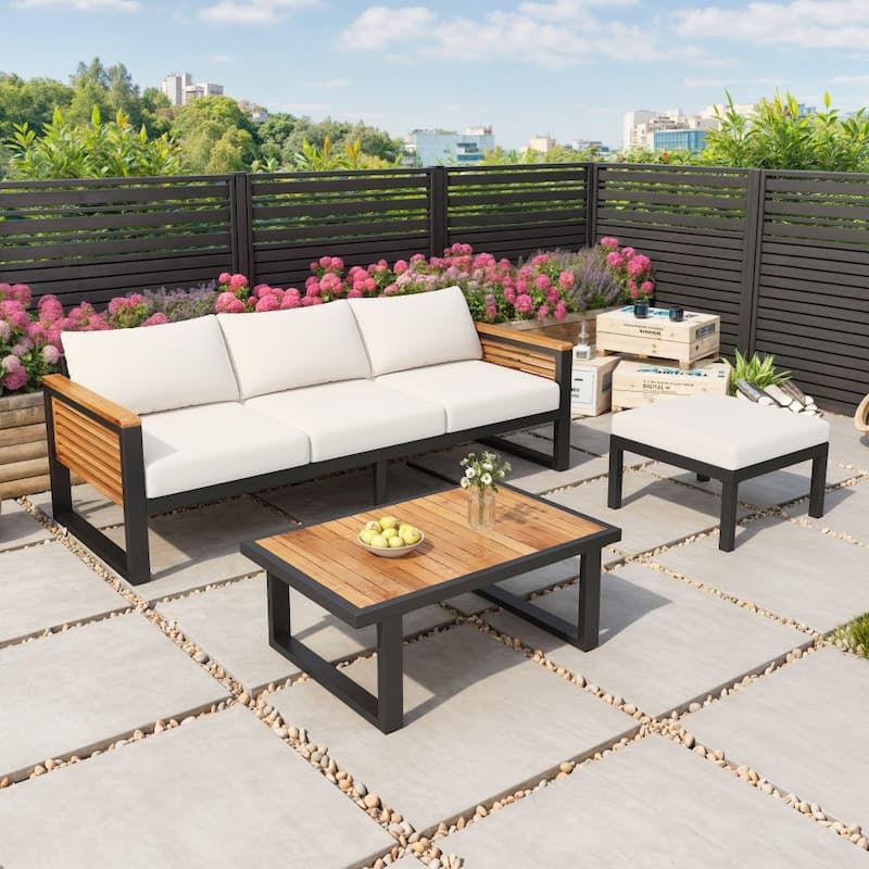 Modern Outdoor 3-piece Acacia Wood and Metal Sofa Set for Patio - Beige