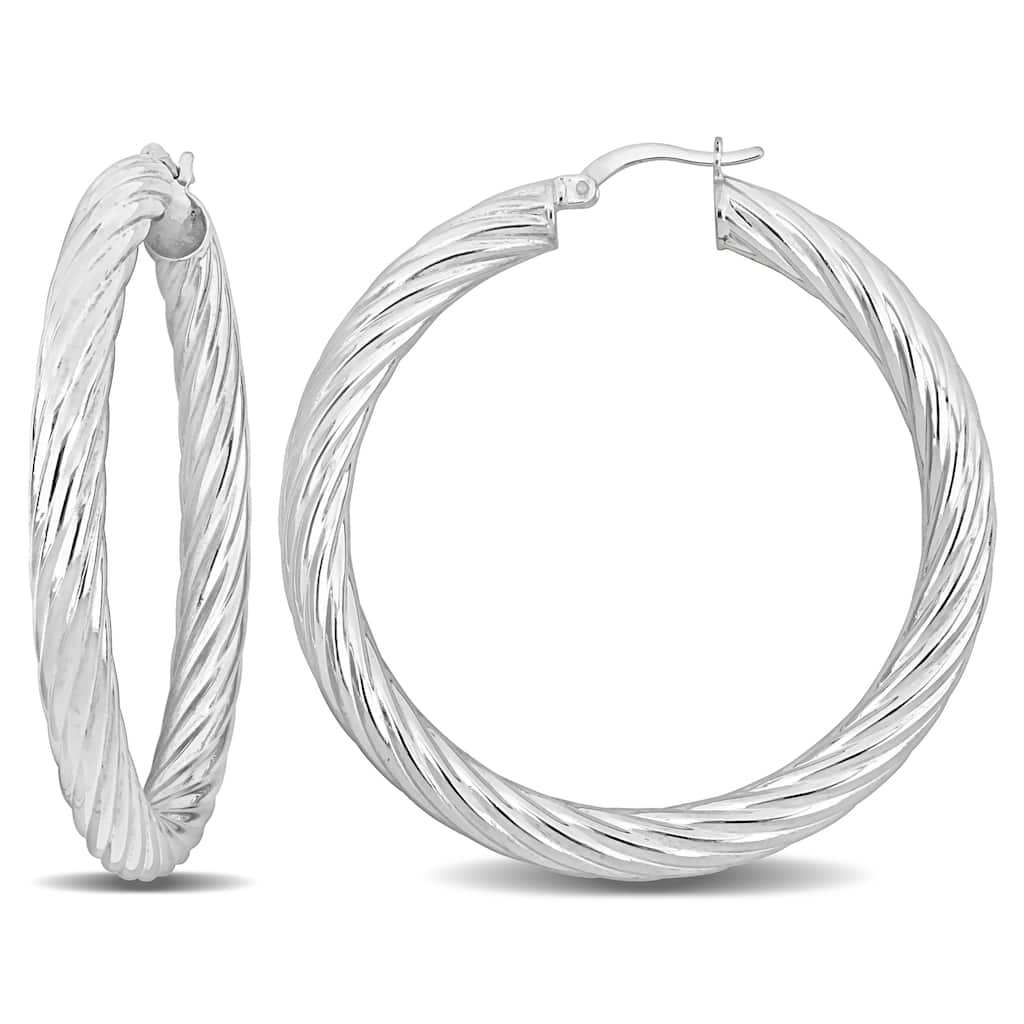 Miadora Sterling Silver 50mm Round Twist Hoop Earrings