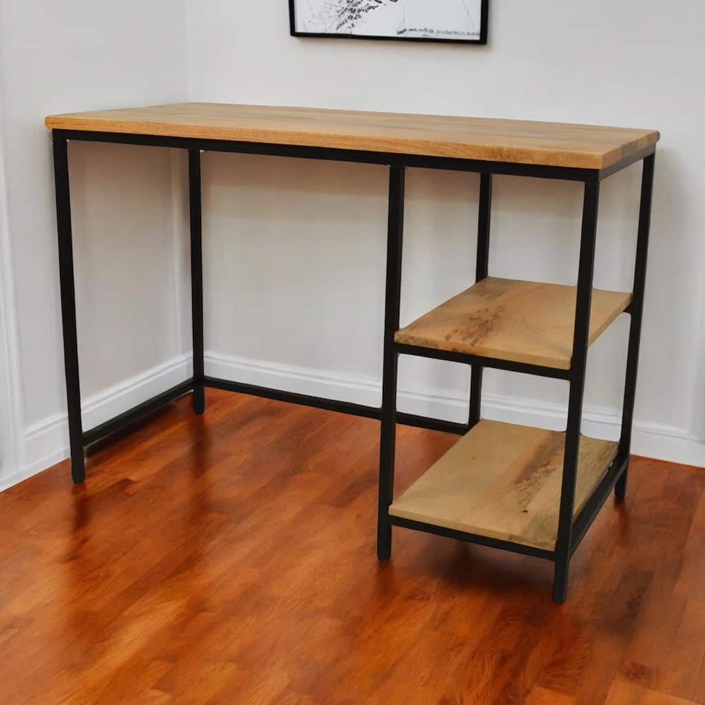 HomeRoots 42" Natural and Black Solid Wood and Metal Computer Desk