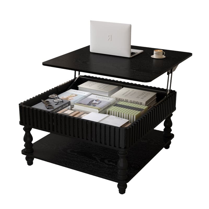 Fluted 31.5" Square Lift-Top Coffee Table with Hydraulic Mechanism for Hidden and Open Storage Solutions