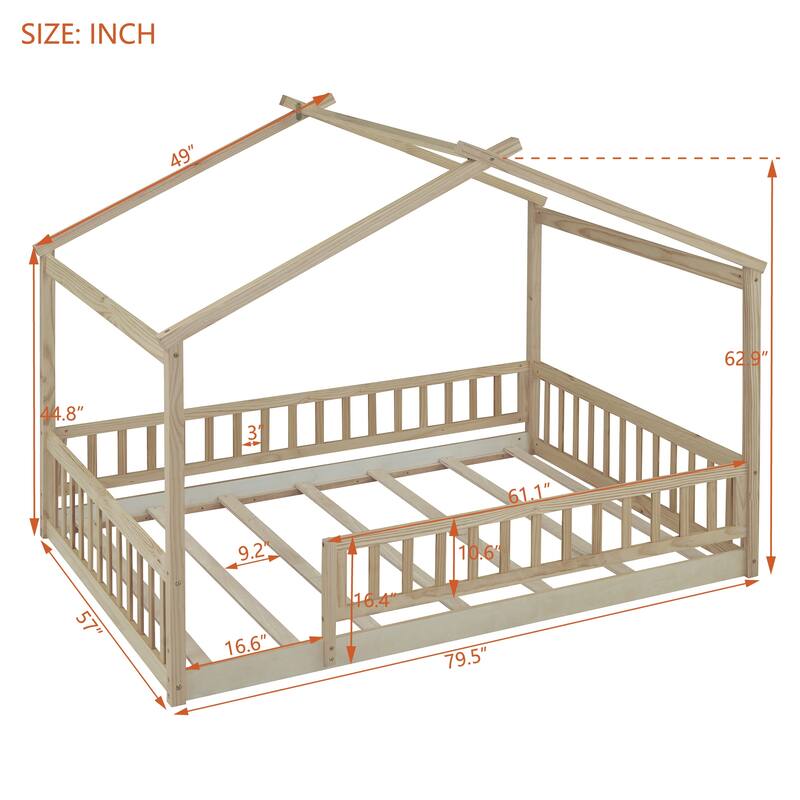 Wood Bed House Bed Frame with Fence for Kids