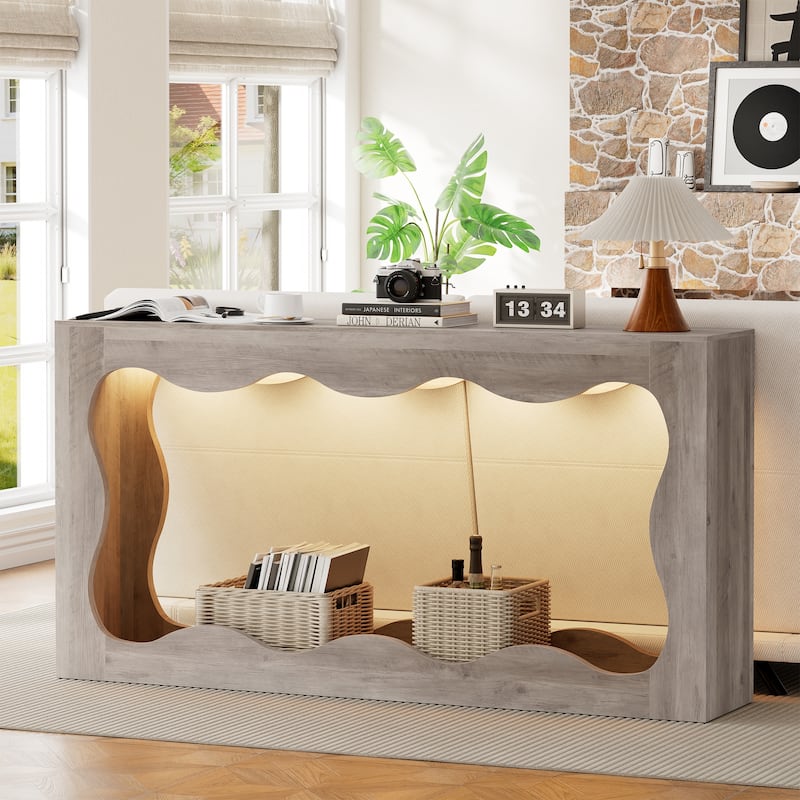 63-Inch Wooden Console Table with RGB & Curved Design, Entryway Table for Entryway Hallway - Ivory