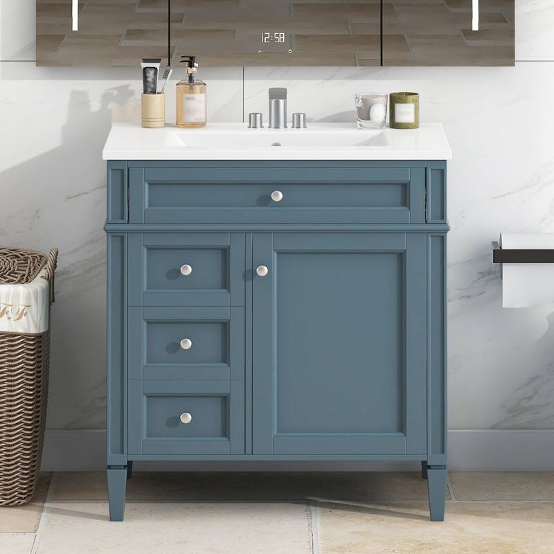 Modern 30" Bathroom Vanity with Ceramic Sink, 2 Drawers & Tip-Out Drawer for Bathroom Storage