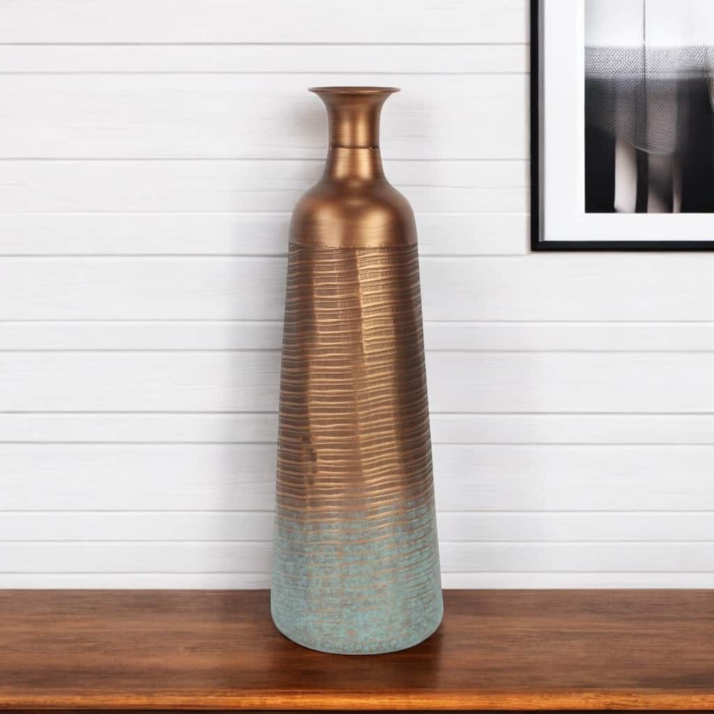 24" Copper And Teal Abstract Tapered Metal Table Vase - 7.50
