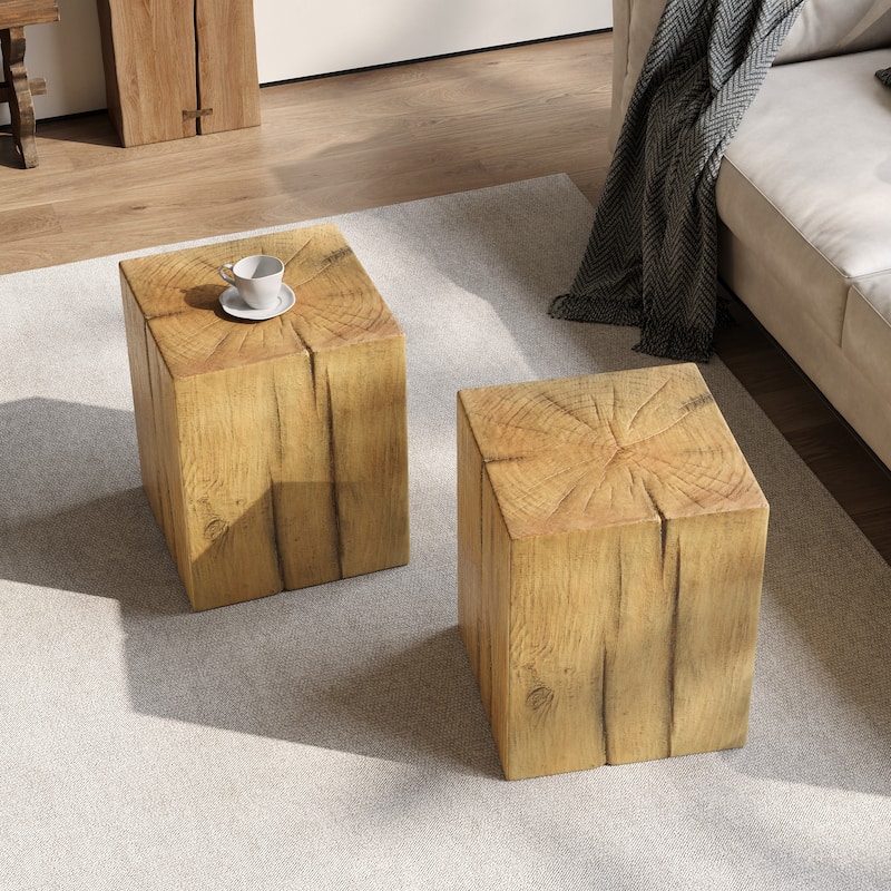 Distressed Wood-Effect End Table • Square Column Design in Multi-Height Set • Weather-Resistant for Indoor & Outdoor Decor
