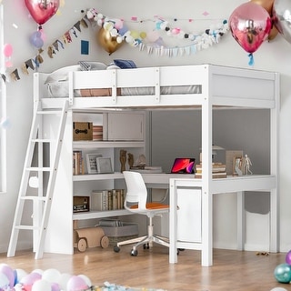 Full Size Loft Bed with Desk and Shelf,Solid Construction for Home