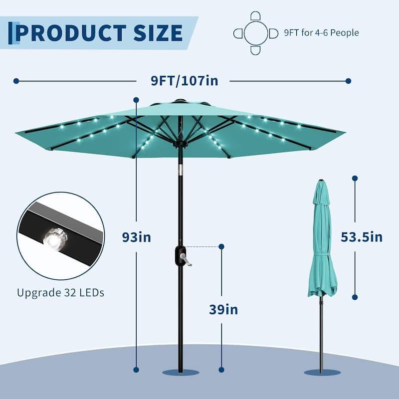 9 FT Outdoor Table Patio Umbrella, Waterproof UV Protection with Solar Lights