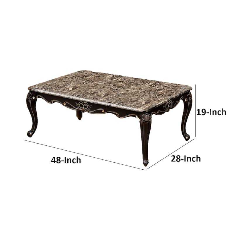 Ery Coffee Table, Dark Walnut Brown Wood, Carved Details, 48 Inch