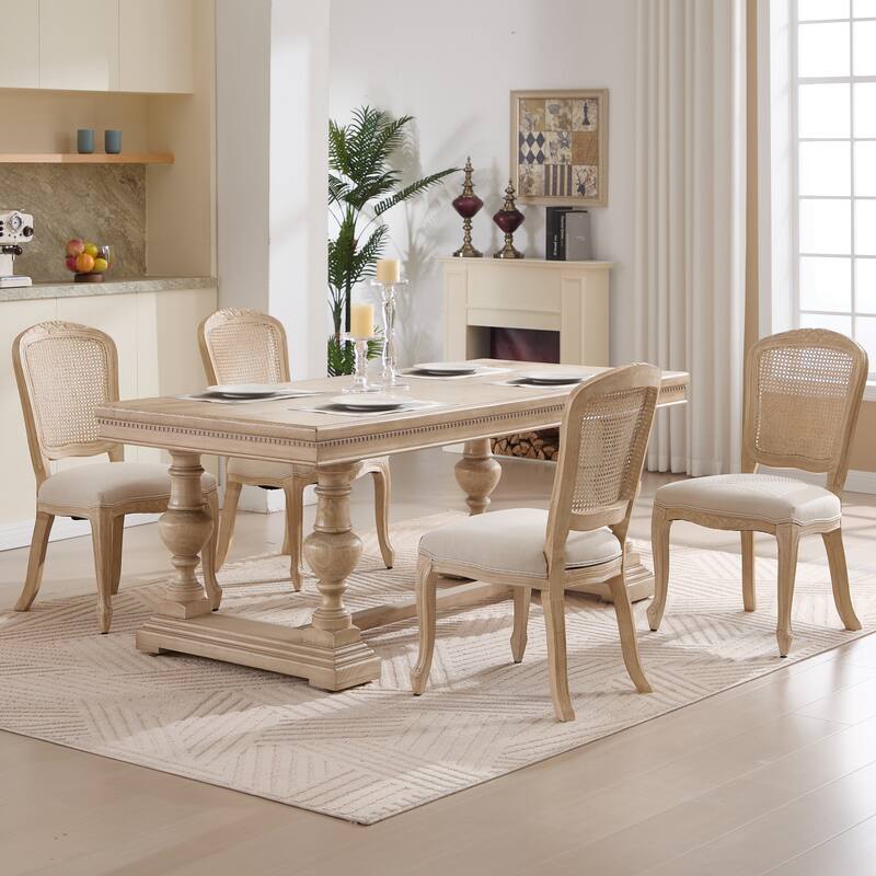 French Country Dining Chairs Set of 2, Upholstered Chairs with Nature Rattan Fan-shaped Back