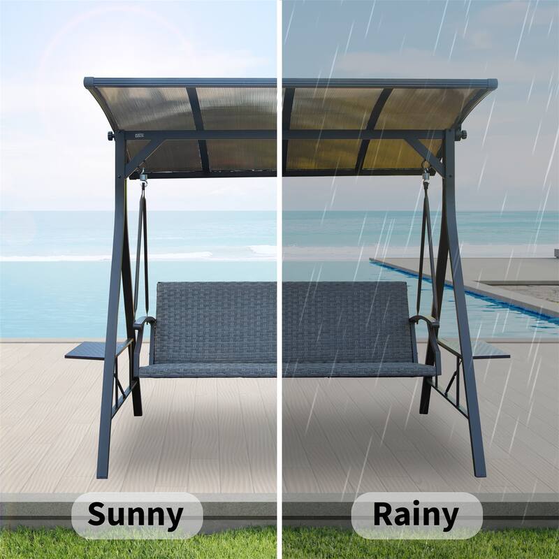 GDFStudio - Mason Outdoor 3-Seat Porch Swing with Hardtop Canopy and Built-In Side Table for Relaxed Backyard Living