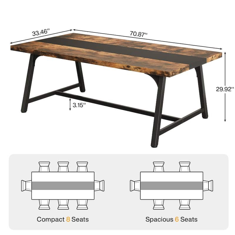 70", Modern Rectangular Conference Table for 6-8 People, Rustic Brown & Black