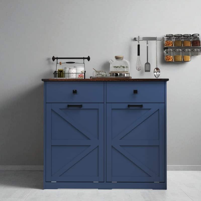 Farmhouse Double Tilt Out Trash Cabinet for Two 10 Gallon Bins, Barn Door Recycling Cabinet with Drawer Storage - Antique Blue