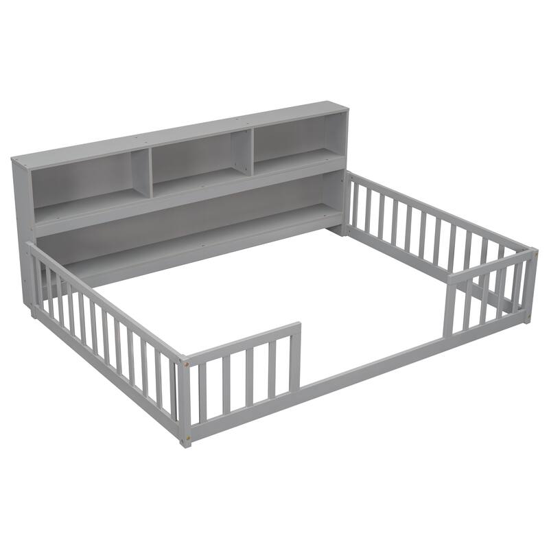 Full Size Pine Wood Floor Bed with Bedside Bookcase, Shelves and Guardrails for Bedroom