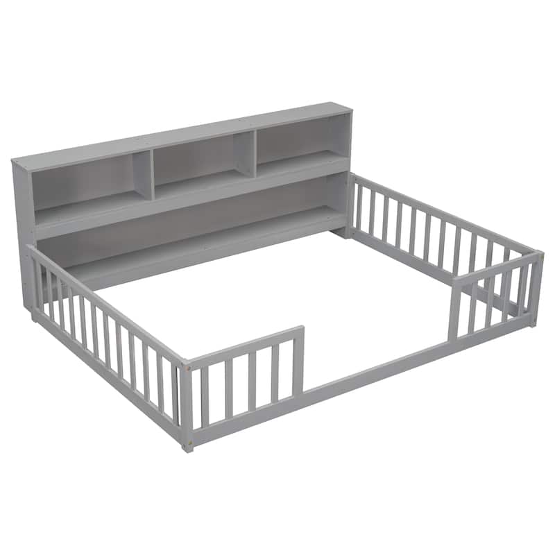 Toddler Floor Storage Bed with Bedside Bookcase, Shelves, Fence Guardrails, No Door, No Slats for Boys Girls Children's Room