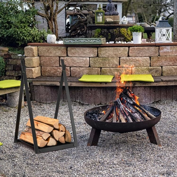 Compact Fireplace Wood Holder with Solid Base Black Steel Firewood Rack for Home and Garden - 16" x 14.5" x 27.5" (L x W x H)