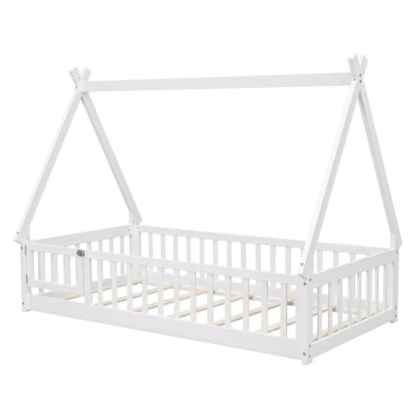slide 2 of 15, Twin Tent-shaped Floor Bed, Pine Fun Playhouse Bed Frames, With Guardrails, Slats, Door, House Bed Frame With Roof White