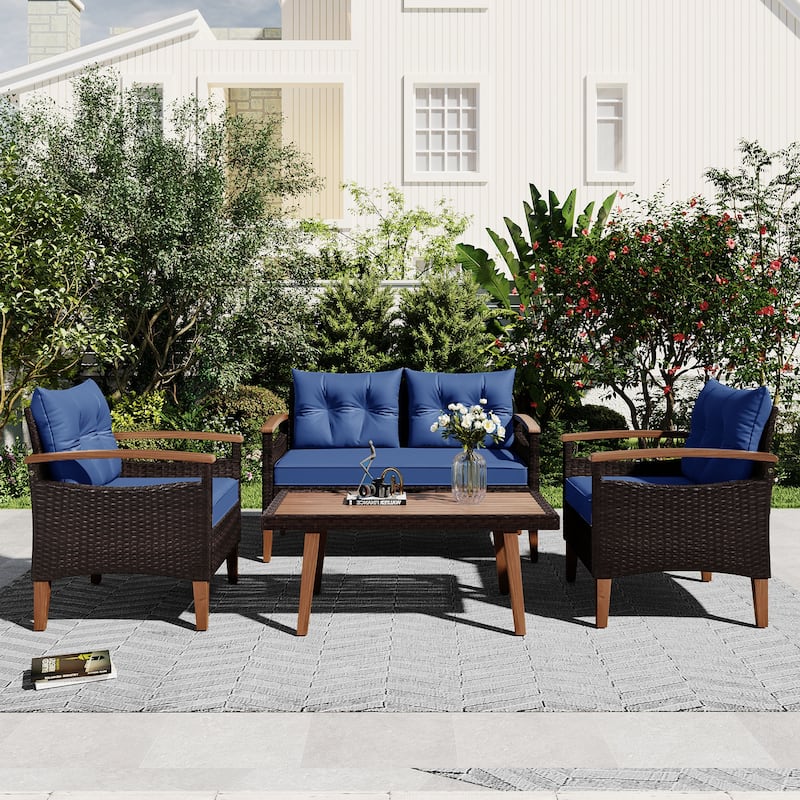 4-Piece Garden Furniture, Patio Seating Set, PE Rattan Outdoor Sofa Set, Wood Table and Legs, Brown and Blue