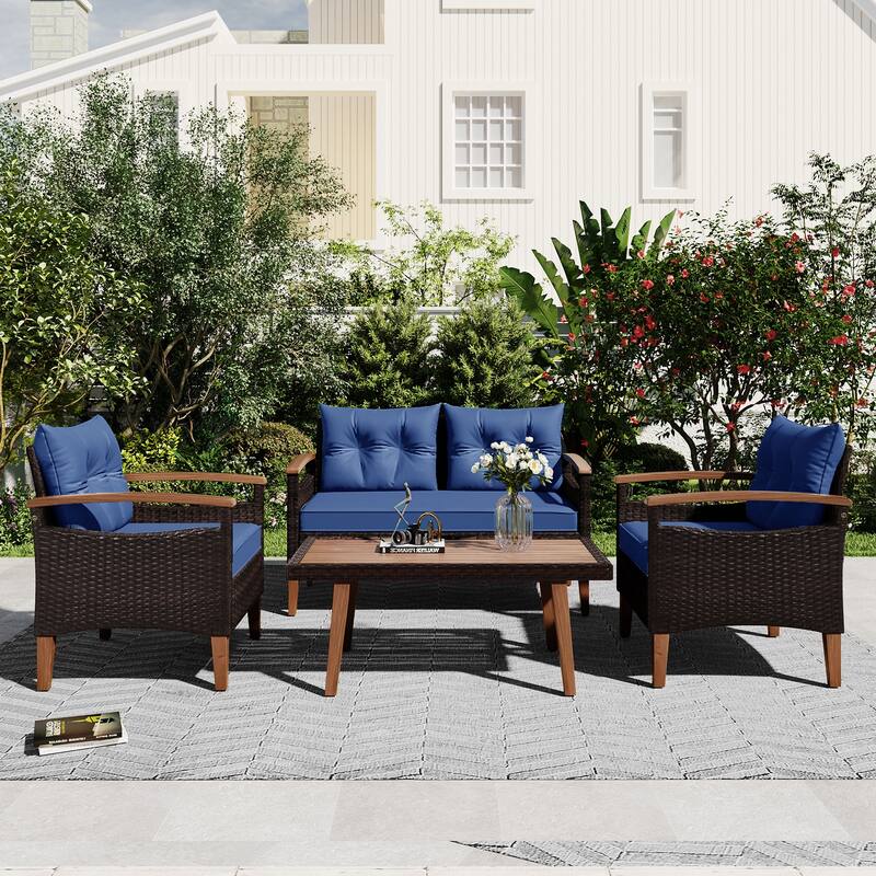 4-Piece Rattan Patio Set: Relax in Outdoor Style - Blue
