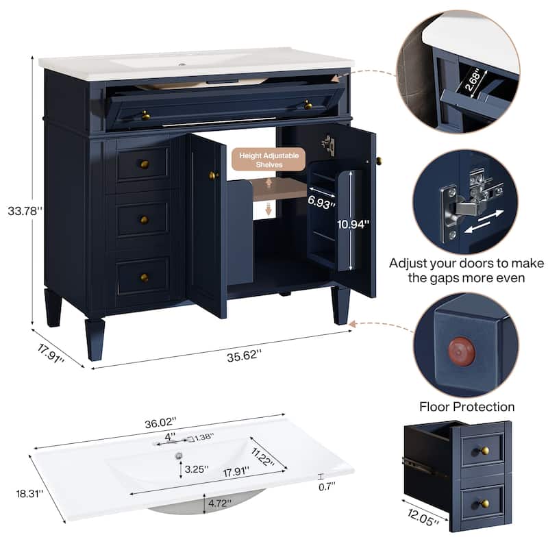 36'' Freestanding Bathroom Vanity with Integrated Ceramic Sink, Tip-Out Drawer, Door Organizer