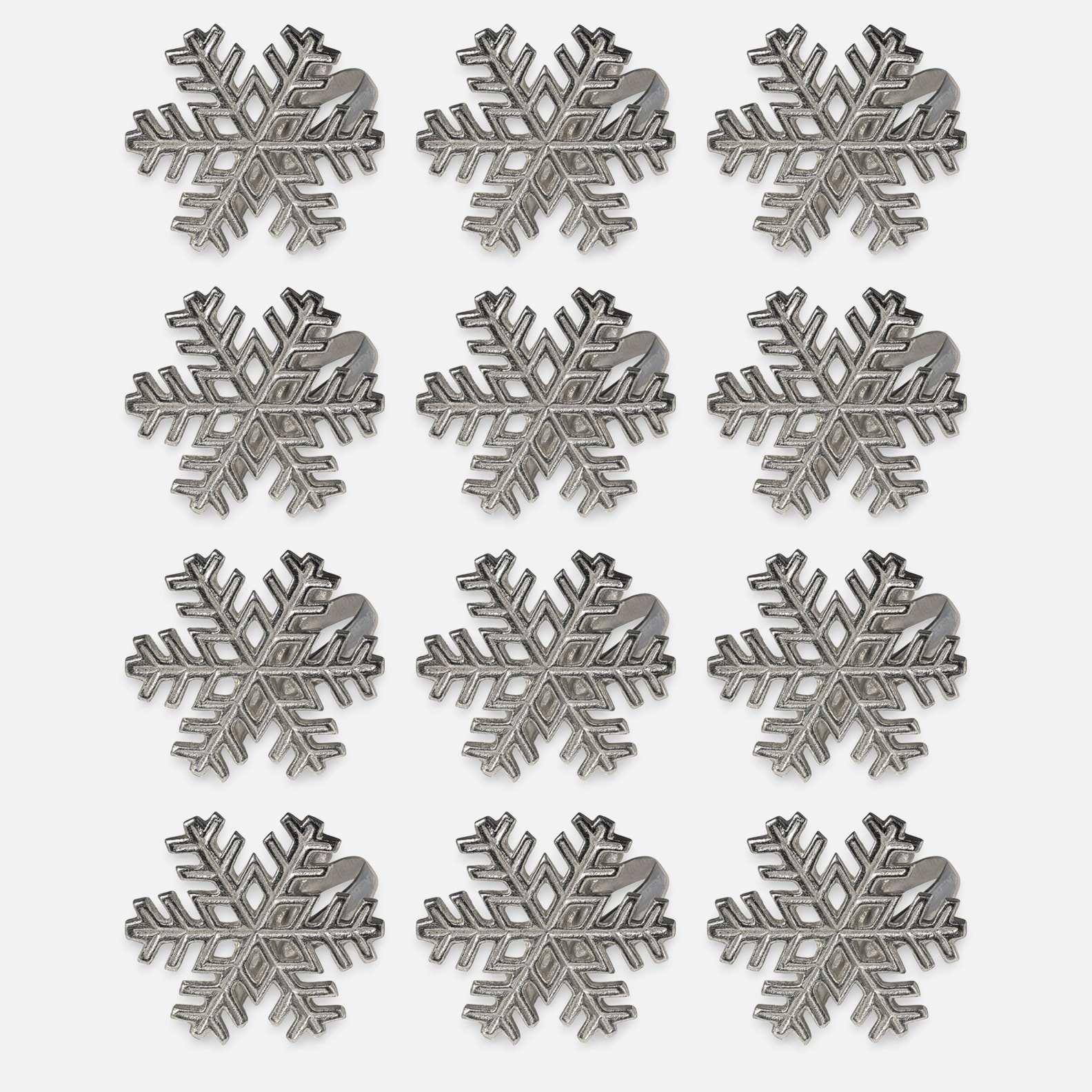 Snowflake Napkin Rings, Silver Metal, Set of 12