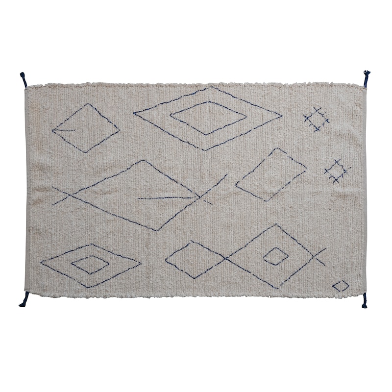 Woven Cotton Rug with Moroccan Design and Tassels - 71.0"L x 47.0"W x 0.2"H - 71.0"L x 47.0"W x 0.2"H - Ivory