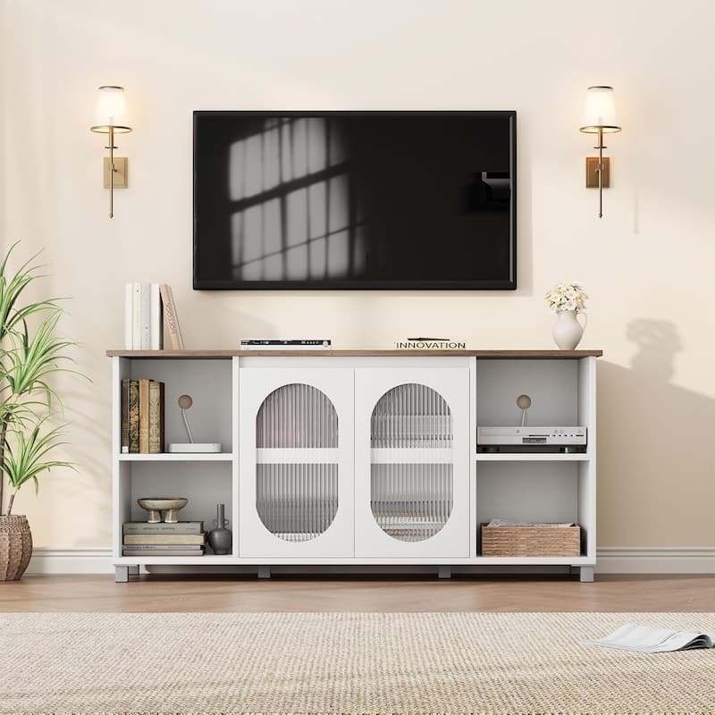 70 inch TV Stand with Frosted Glass Doors with Storage Shelves for Living Room - N/A - White